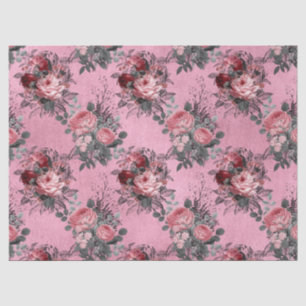 Rosa Rosen mit grauen Blätter auf rosa Decoupage Seidenpapier