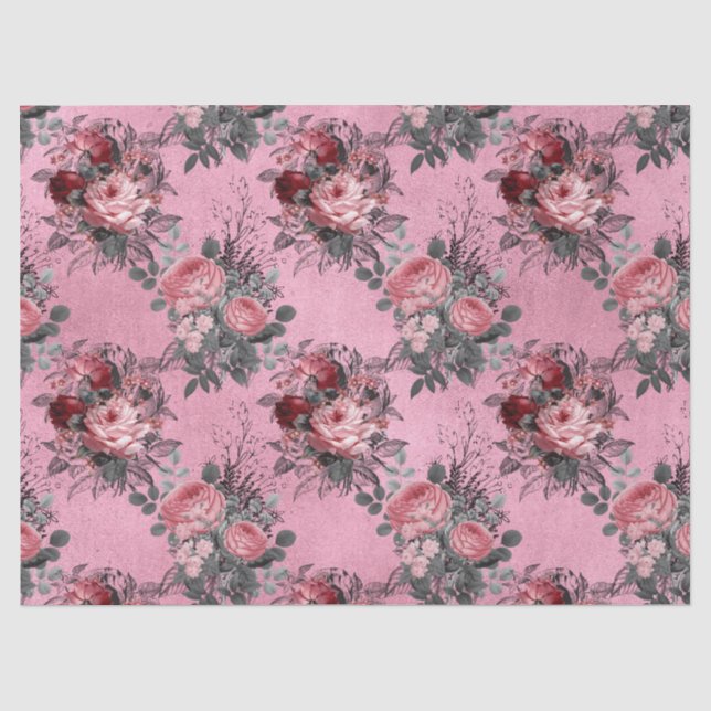 Rosa Rosen mit grauen Blätter auf rosa Decoupage Seidenpapier (Vorderseite)