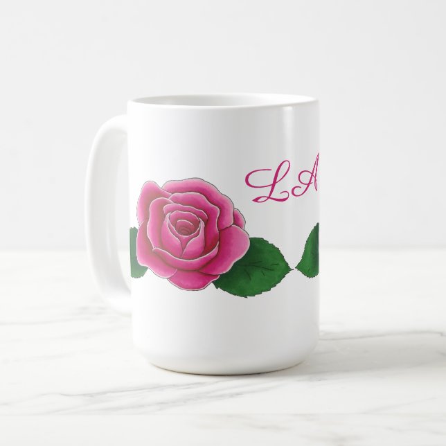 Rosa Rosen mit kursiven Initialen, personalisierte Kaffeetasse (Vorderseite Links)