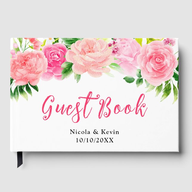 Rosa Rosen mit Laub Hochzeit Gästebuch (Vorderseite)