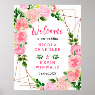 Rosa Rosen mit Laub Hochzeits-Willkommensschild Poster