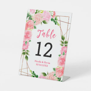 Rosa Rosen mit Laub Hochzeitstisch Nummer Sockelschild