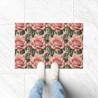 Rosa Rosen mit Pinselstrich-Blättern Fußmatte