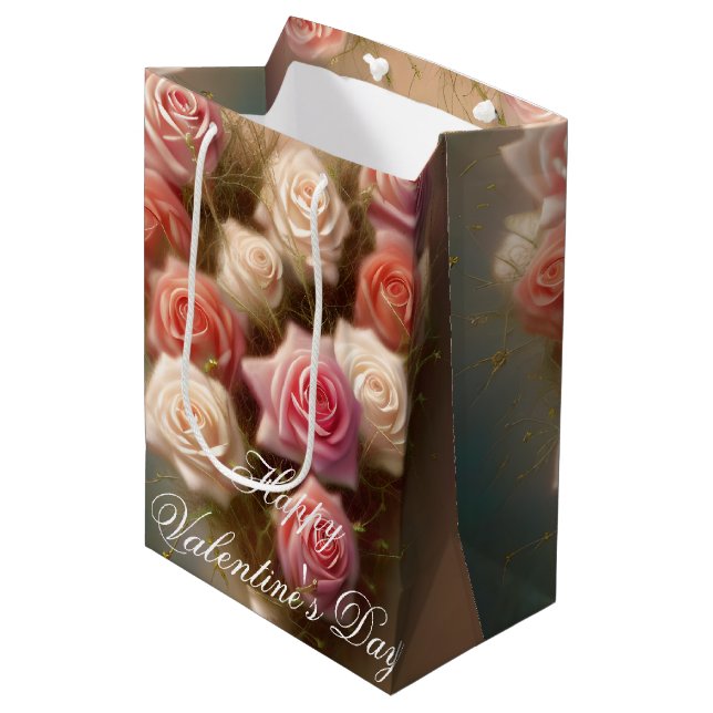 Rosa Rosen Mittlere Geschenktüte (Vorderseite Schrägansicht)