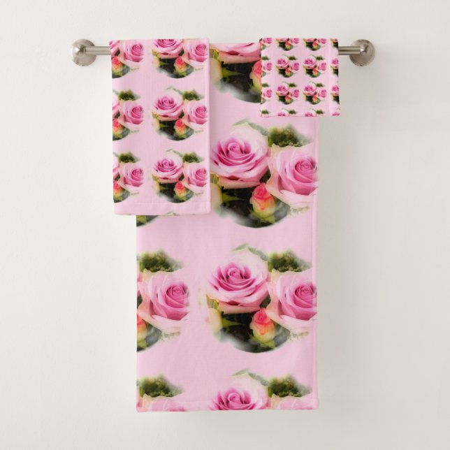 Rosa Rosen Moderne elegante Blumenvorlage Badhandtuch Set (Insitu)