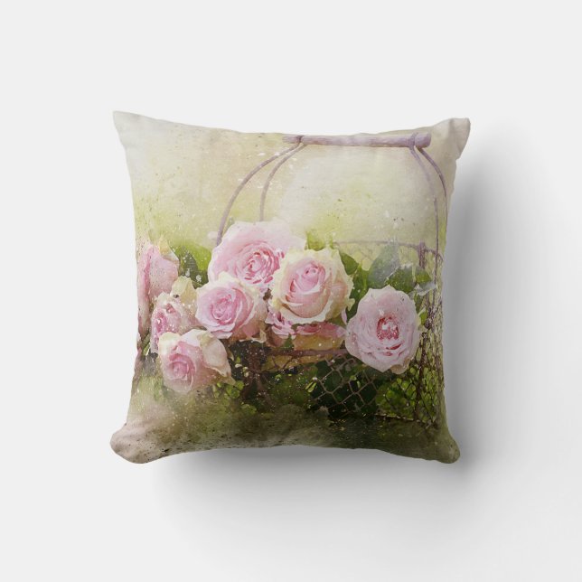 Rosa Rosen/Nelken in einem Korb Kissen (Vorderseite)