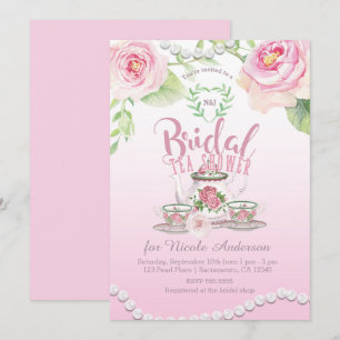 Rosa Rosen & Perlen Elegante Braut-Teeparty Einladung