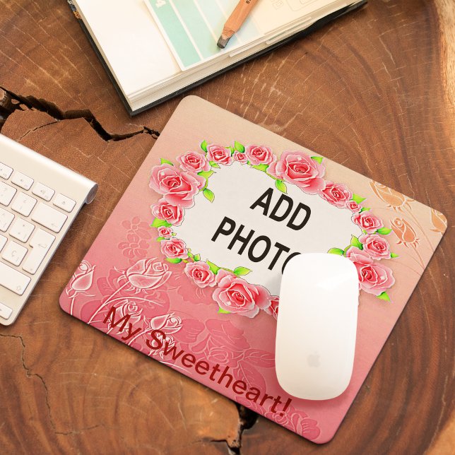 Rosa Rosen Rahmen Valentine hinzufügen Ihr Foto Mousepad (Pink Roses Frame Valentine Add Your Photo Mouse Pad)