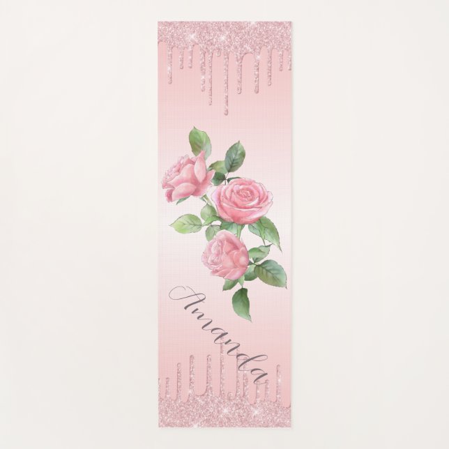 Rosa Rosen, rosa Hintergrund und rosa Glitzer Yogamatte (Vorderseite)