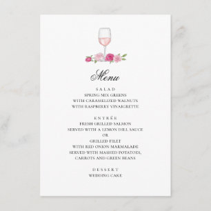 Rosa Rosen. Rosafarbene Blumen und Wein. Florale H Menükarte