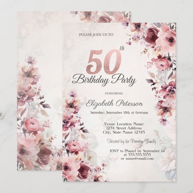 Rosa Rosen Rose 50. Geburtstag Einladung (Vorne/Hinten)