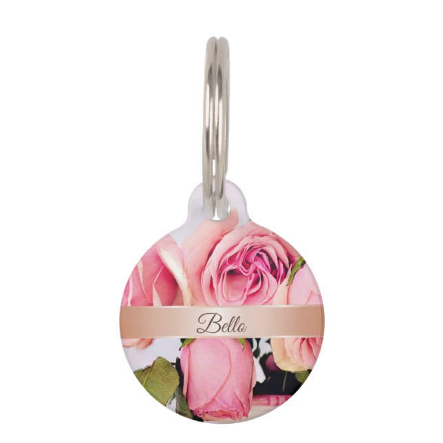 Rosa Rosen Rose Gold Name hinzufügen Haustiermarke (Vorderseite)