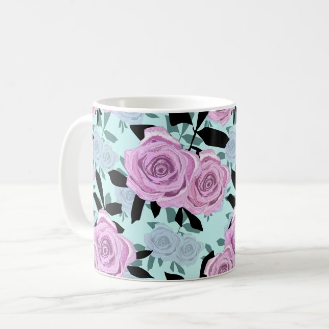 Rosa Rosen, Rose, türkisfarbener Hintergrund Kaffeetasse (Vorderseite Links)