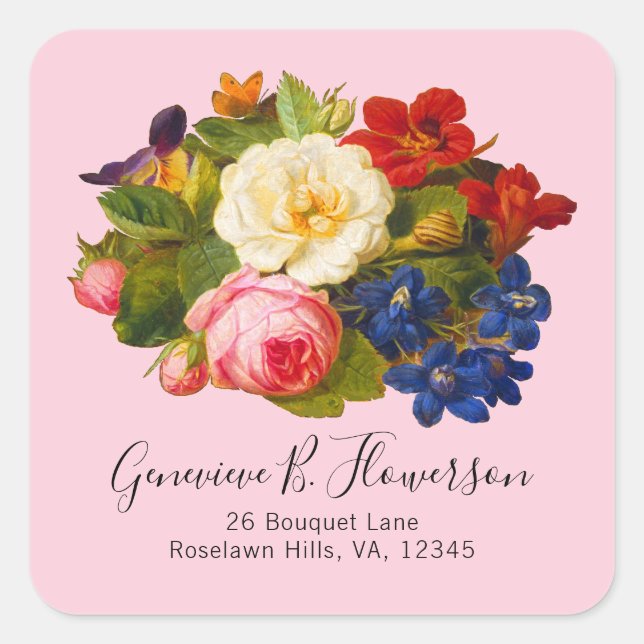 Rosa Rosen Rosenrot Blauer Blütenschmetterling Quadratischer Aufkleber (Vorderseite)
