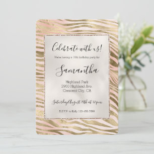 Rosa Rosen-Schimmer-Gold-Zebra-Tierdruck Einladung