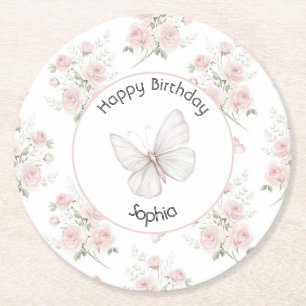 Rosa Rosen Schleifen Schmetterling Geburtstag Runder Pappuntersetzer