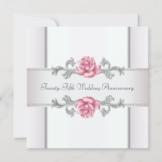 Rosa Rosen Silber 25. Hochzeitstag Einladung (Vorderseite)