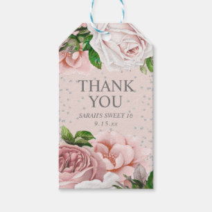 Rosa Rosen Silber Glitter Süße 16 Danke Geschenkanhänger