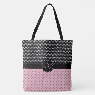 Rosa Rosen-Silber-Schwarz-Glitzer-Zickzack Tasche