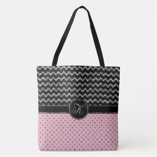 Rosa Rosen-Silber-Schwarz-Glitzer-Zickzack Tasche