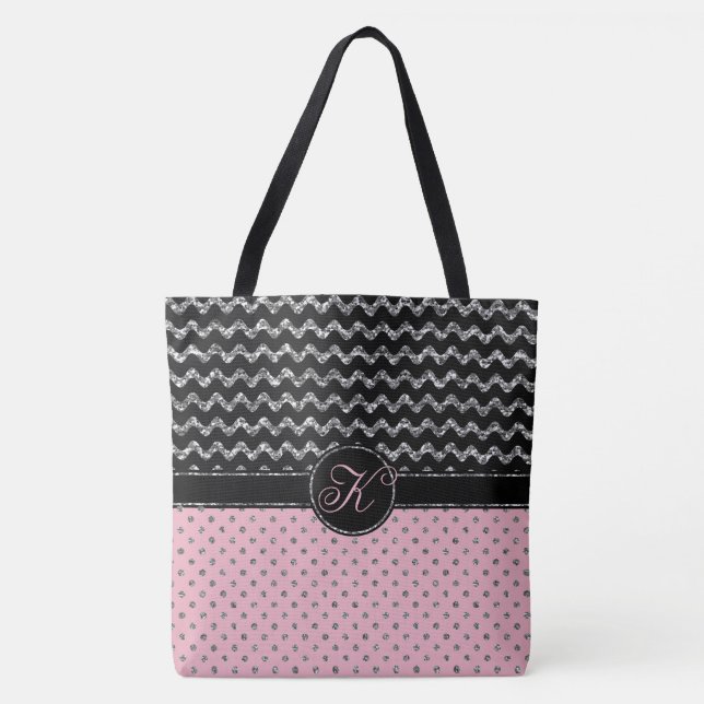Rosa Rosen-Silber-Schwarz-Glitzer-Zickzack Tasche (Vorderseite)