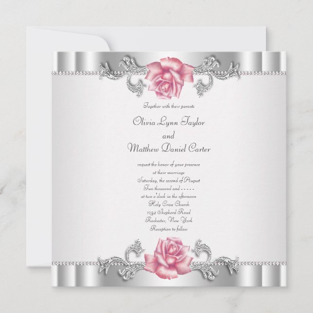 Rosa Rosen Silver White Pink Elegante Hochzeit Einladung (Vorderseite)