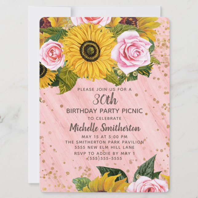 Rosa Rosen Sonnenblumen Gold Glitzer 30. Geburtsta Einladung (Vorderseite)