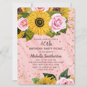 Rosa Rosen Sonnenblumen Gold Glitzer 40. Geburtsta Einladung