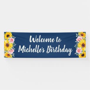 Rosa Rosen Sonnenblumen Marineblau Geburtstag Will Banner