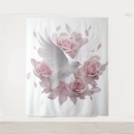 Rosa Rosen + Tauben-Teppich Wandteppich