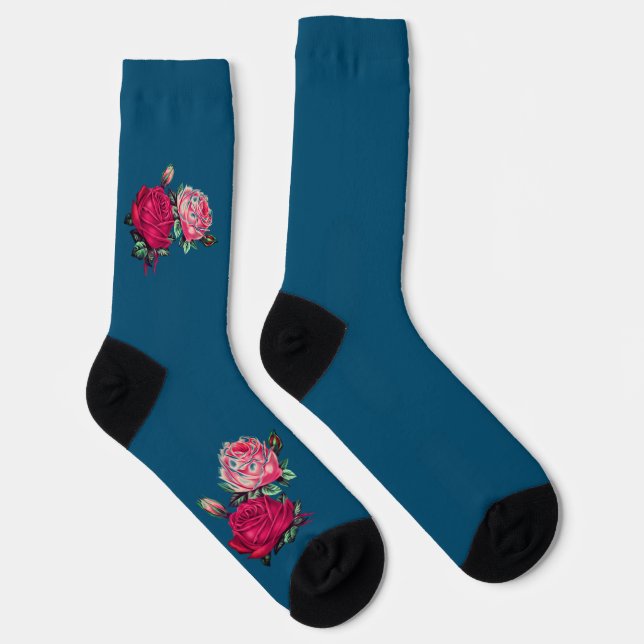Rosa Rosen über Tiefblau Socken (Rechts)