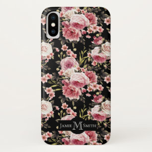 Rosa Rosen-Überfluss-Monogramm - schwarzer Case-Mate iPhone Hülle