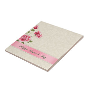 Rosa Rosen und beige Damast - Alles Gute zum Mutte Fliese