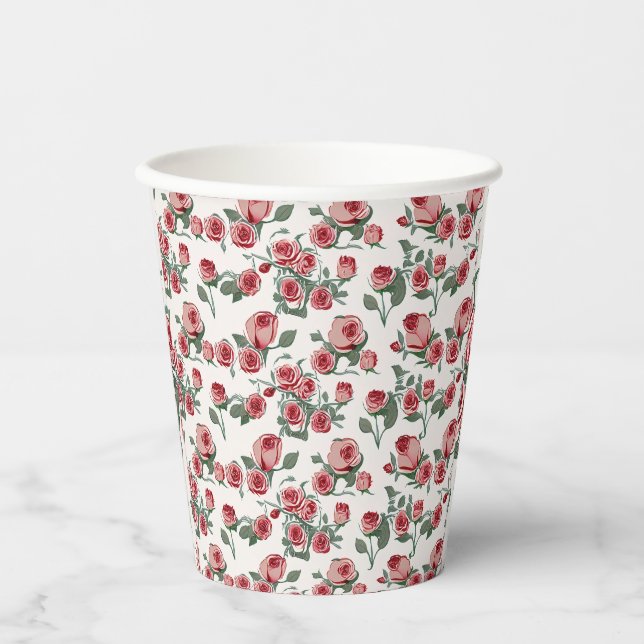 Rosa Rosen und Blätter Muster Pappbecher (Vorderseite)