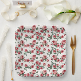 Rosa Rosen und Blätter Muster Pappteller