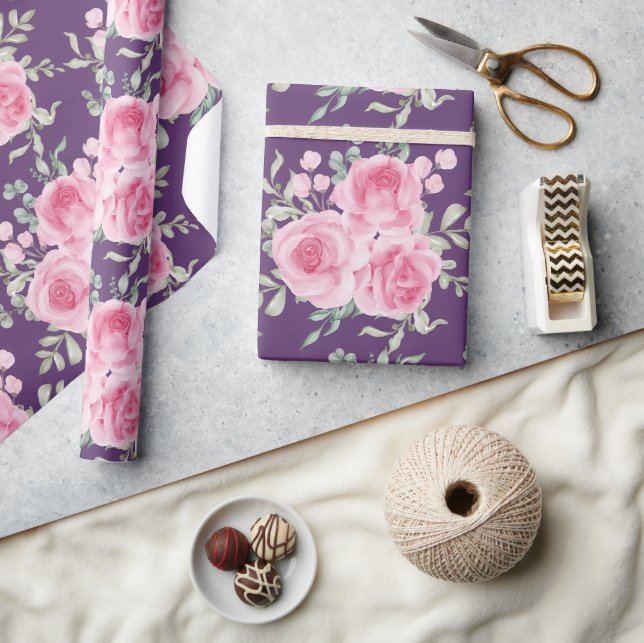Rosa Rosen und Blätter Wrapping Paper Geschenkpapier (Kunsthandwerk)