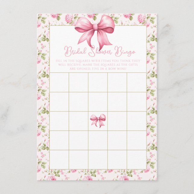 Rosa Rosen und Bows Coquette Brautparty Bingo Begleitkarte (Vorderseite)