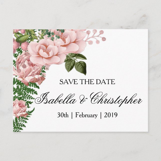 Rosa Rosen und Ferns Wedding Save the Date Ankündigungspostkarte (Vorderseite)