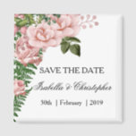 Rosa Rosen und Ferns Wedding Save the Date Magnet<br><div class="desc">Dieser hübsche Speichermagnet zeichnet sich durch ein hübsches Blumendesign mit einem Haufen rosa Rosen in der links Ecke aus, das durch grüne Rose-Blätter und Blätter sowie große Farn-Blätter kontrastiert. Die Details lassen sich nach Bedarf einfach anpassen. Dieser rosa Save the Date Sake ist Teil einer größeren Hochzeitssuite, die Sie hier...</div>