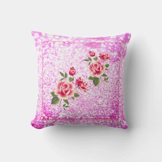 Rosa Rosen und Glitzer Valentine Throw Kissen (Vorderseite)