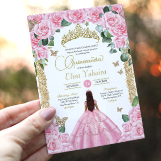 Rosa Rosen und Gold Schmetterling Prinzessin Quinc Einladung