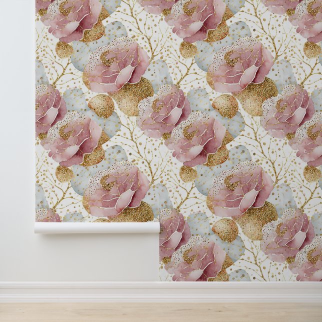 Rosa Rosen und Gold Tapete (Anwendung)