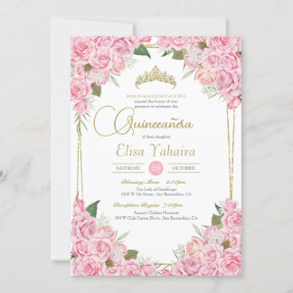 Rosa Rosen und Gold Tiara Floral Quinceanera Einladung
