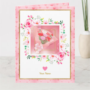 Rosa Rosen und goldene florale Herz-Holiday-Gesche Karte