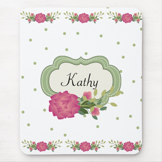 Rosa Rosen und grüne Polka Dots Mauspad (Vorne)