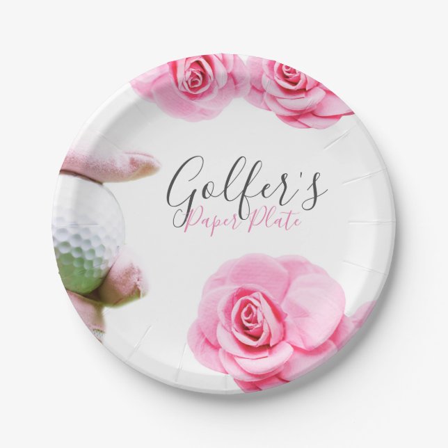 Rosa Rosen und handgehaltene Golfball Papierplatte Pappteller (Vorderseite)