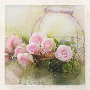 Rosa Rosen und Korb Glasuntersetzer
