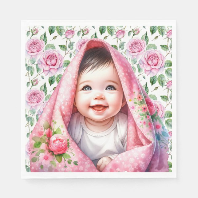 Rosa Rosen und lächelnde Baby Girl's Baby Shower Serviette (Vorderseite)