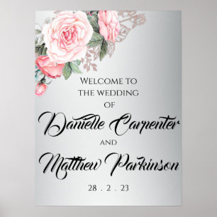 Rosa Rosen und metallische Silberhochzeit Willkomm Poster