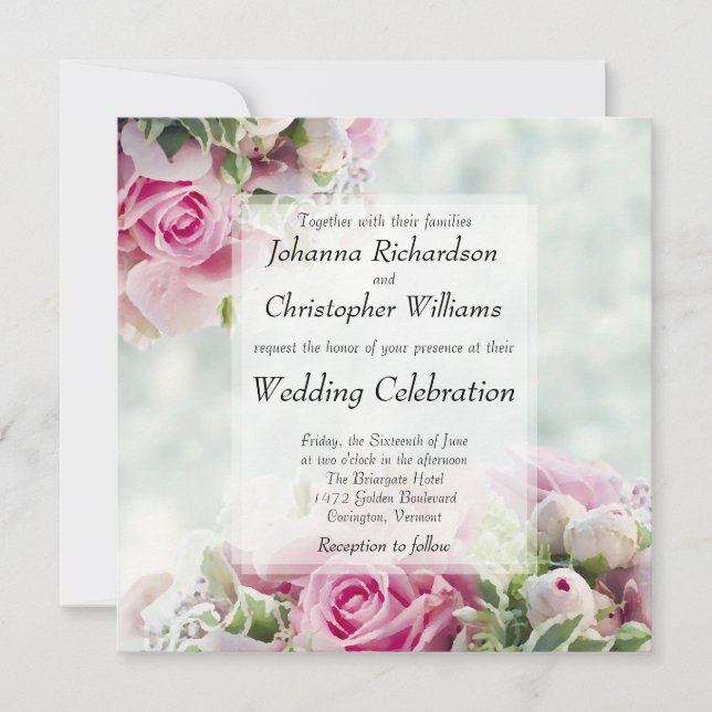 Rosa Rosen und Peony Buds Square Blumenhochzeit Einladung (Vorderseite)
